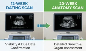 An infographic comparing a 12-week dating ultrasound and a 20-week anatomy ultrasound side-by-side. It shows a pregnant woman receiving scans with screens displaying different fetal development stages for dating versus growth assessment.