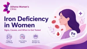 Illustration representing iron deficiency in women, including low iron levels, ferritin blood testing and fatigue, by Athena Women's Clinic Perth