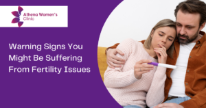 Infographic showing common signs of fertility issues including irregular periods and hormonal imbalances.