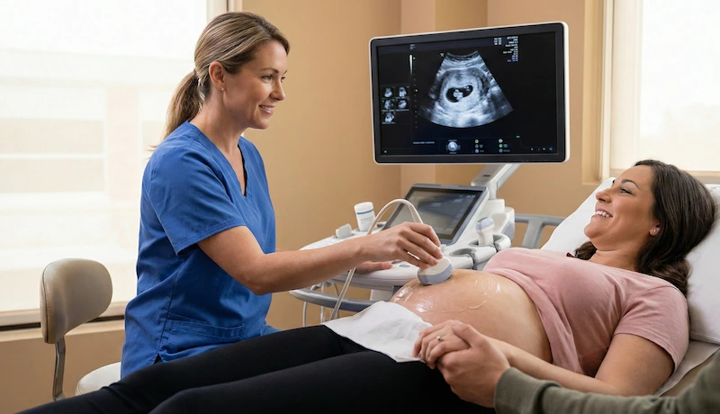 A female sonographer performing an early pregnancy dating scan on a smiling expectant mother at Athena Women's Clinic in Perth.
