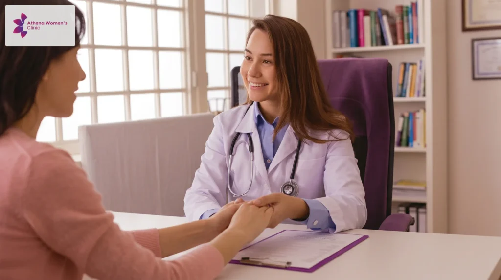 Female GP holding hands with a patient during a consultation about gynaecologist referrals in Perth