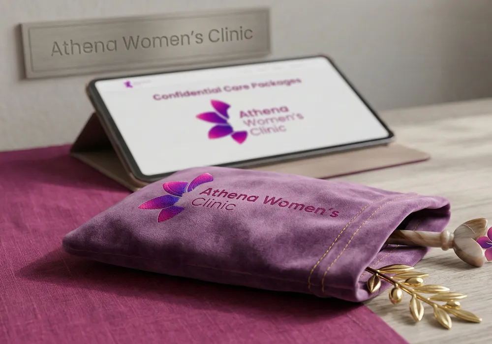 A comforting, private consultation setting featuring the Athena Women's Clinic logo, representing our confidential medical abortion clinic in Perth.