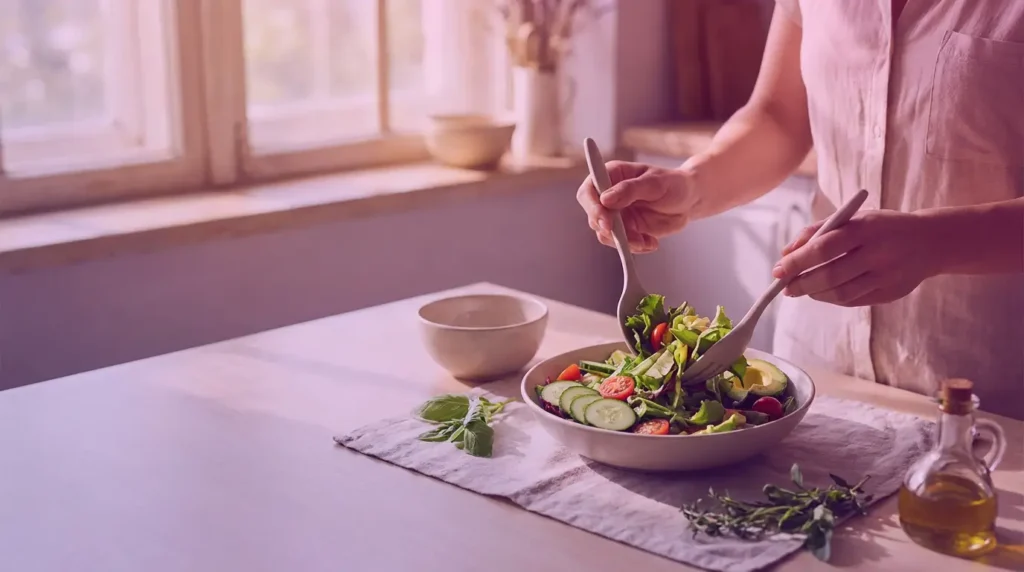 Fresh, colourful salad bowl being prepared by hand, representing structured medical weight loss support in Perth