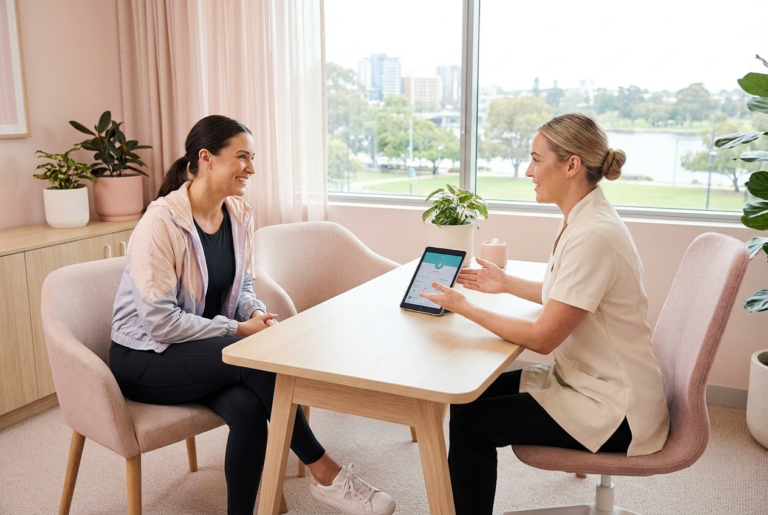 Woman having a supportive medical weight management consultation in Perth