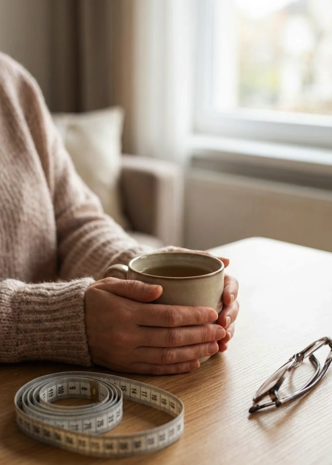 A woman’s hands holding a warm cup of herbal tea next to a coiled measuring tape and reading glasses on a wooden table, representing lifestyle changes during menopause.